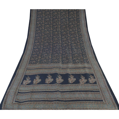 Sanskriti Vintage Sarees From India Dark Blue Pure Silk Printed Sari 5yd Fabric