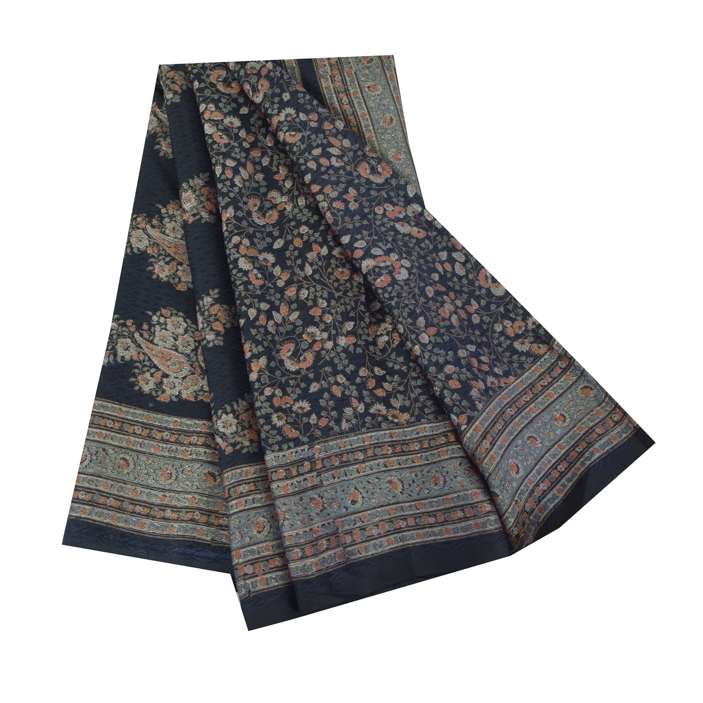 Sanskriti Vintage Sarees From India Dark Blue Pure Silk Printed Sari 5yd Fabric