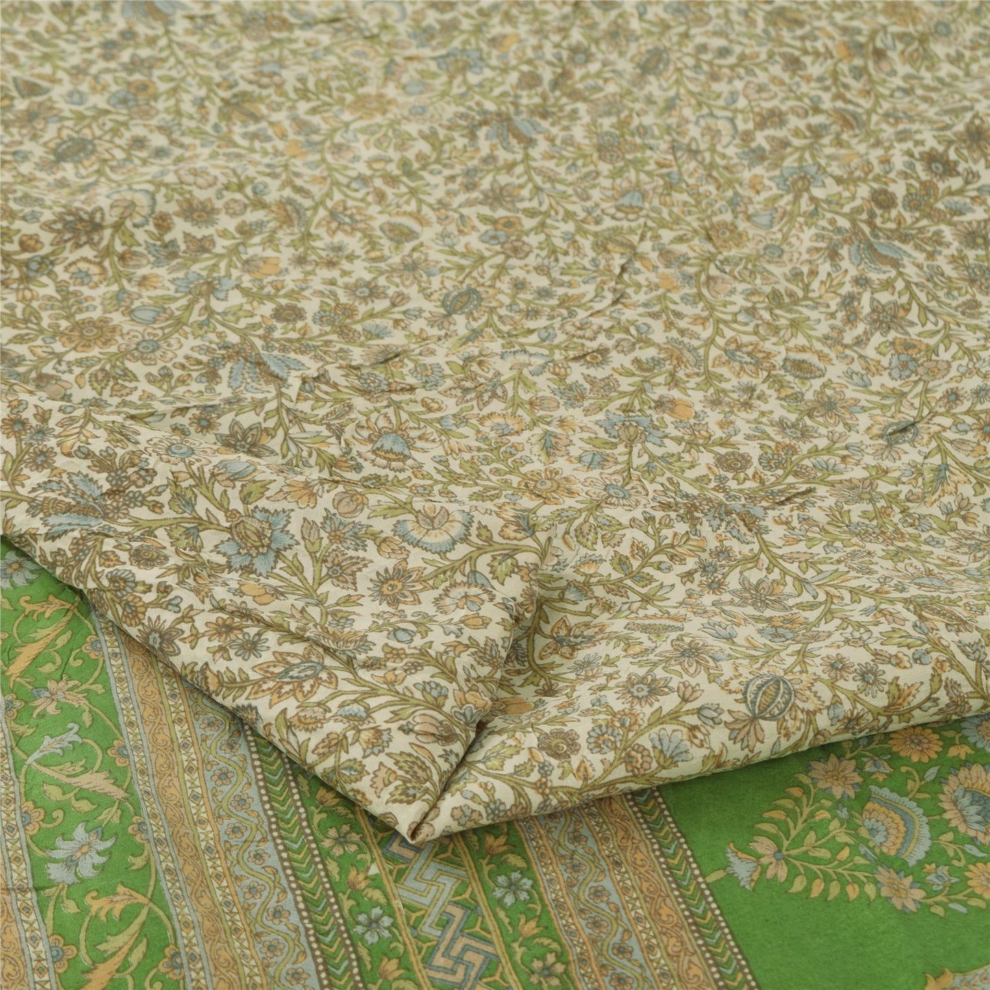 Sanskriti Vintage Sarees Ivory/Green Pure Silk Printed Sari 6yd Craft Fabric