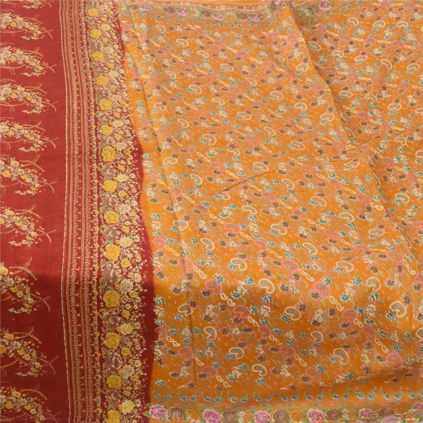 Sanskriti Vintage Sarees Yellow Indian Pure Silk Printed Sari 6yd Craft Fabric