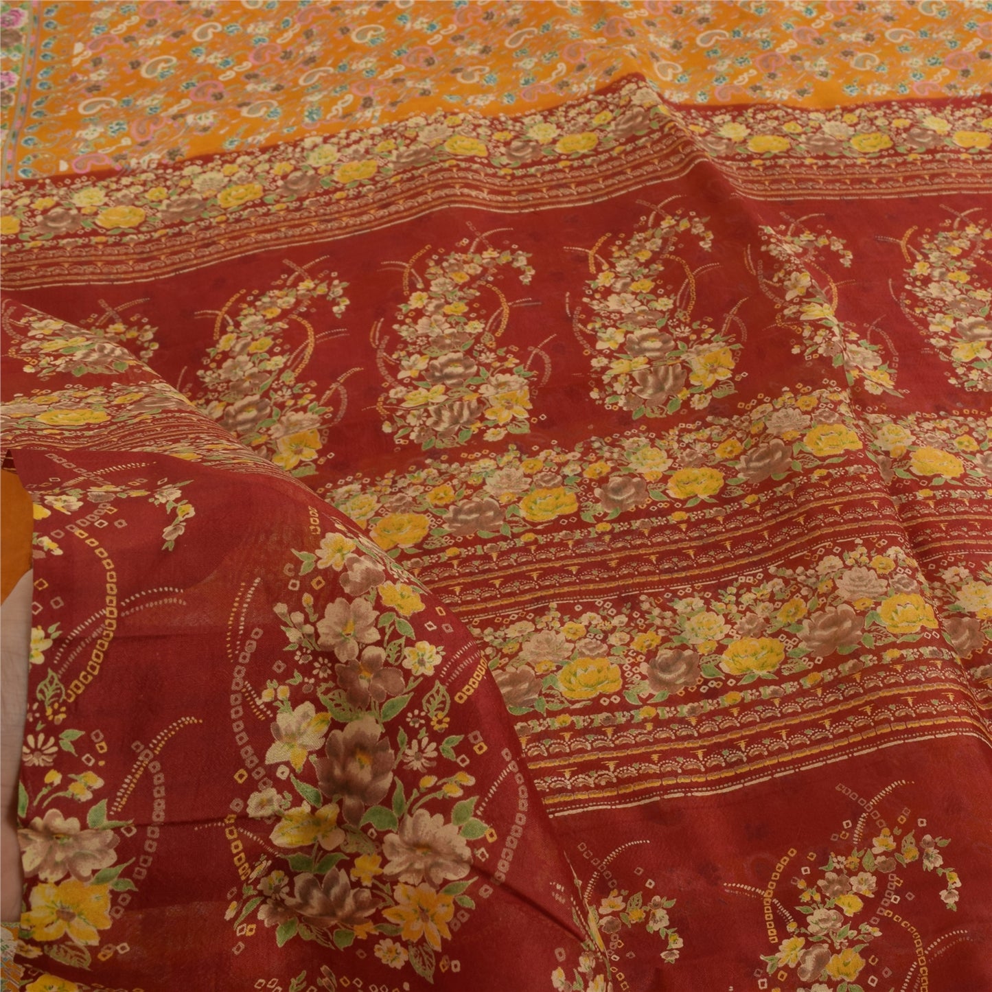 Sanskriti Vintage Sarees Yellow Indian Pure Silk Printed Sari 6yd Craft Fabric