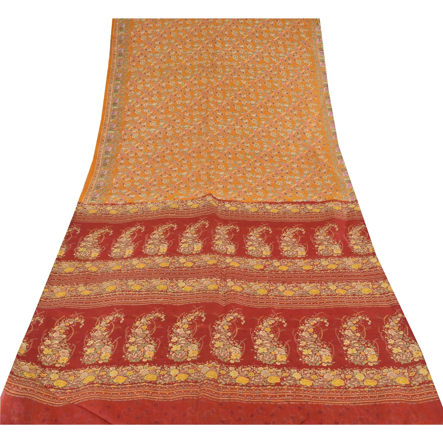 Sanskriti Vintage Sarees Yellow Indian Pure Silk Printed Sari 6yd Craft Fabric