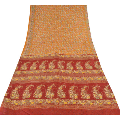 Sanskriti Vintage Sarees Yellow Indian Pure Silk Printed Sari 6yd Craft Fabric