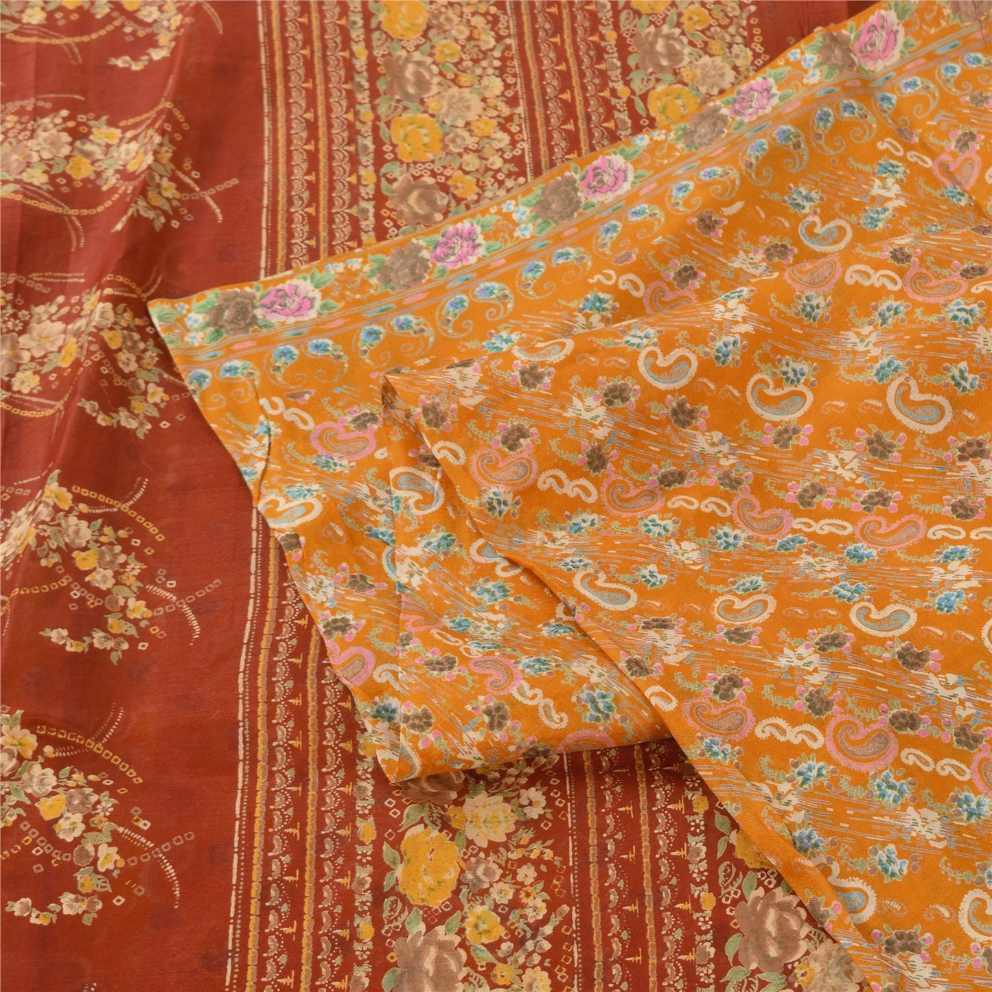 Sanskriti Vintage Sarees Yellow Indian Pure Silk Printed Sari 6yd Craft Fabric