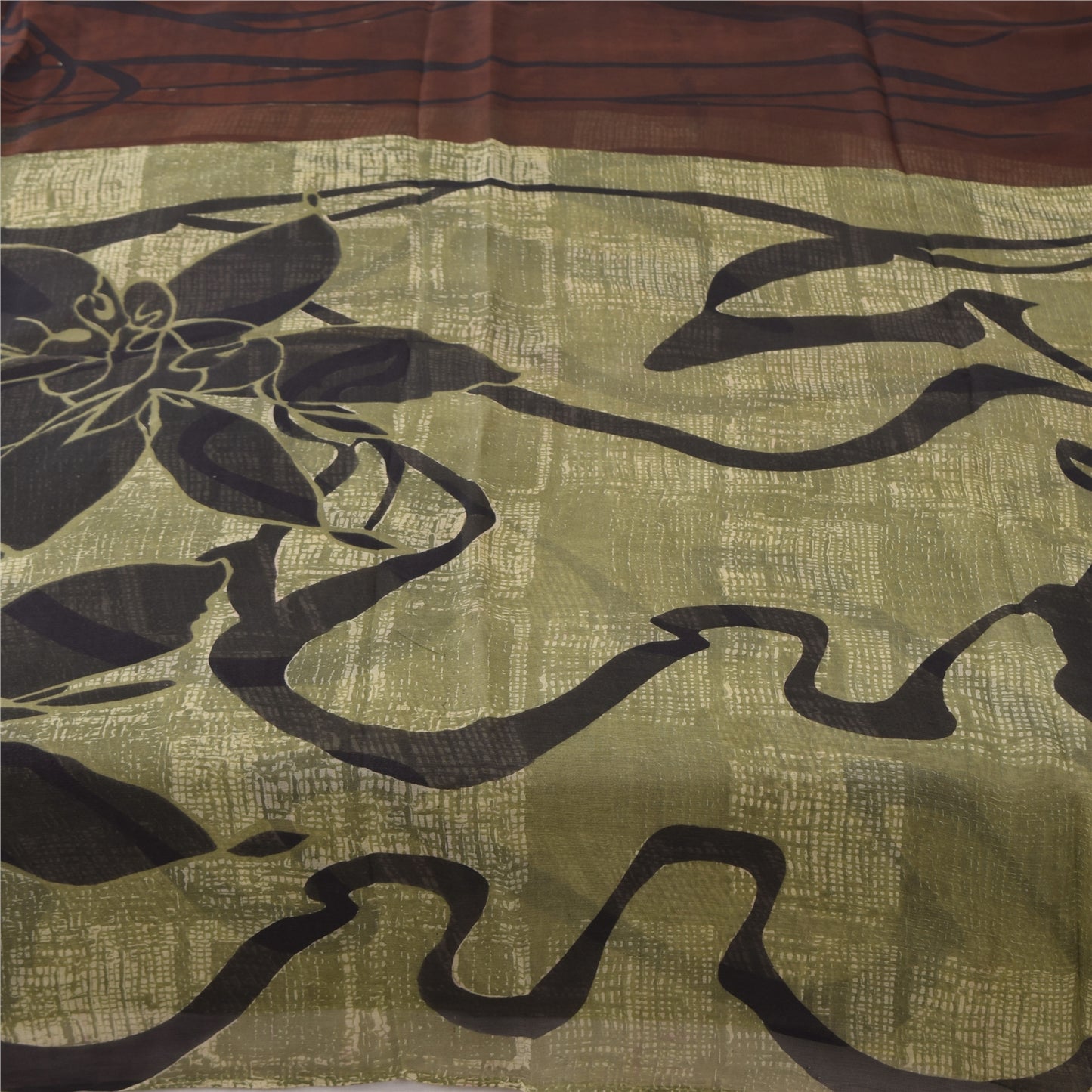 Sanskriti Vintage Sarees Olive Green Pure Chiffon Silk Printed Sari 5yd Fabric