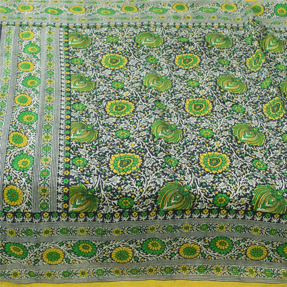 Sanskriti Vintage Sarees Ivory/Green Kalamkari Printed Pure Silk Sari 5yd Fabric