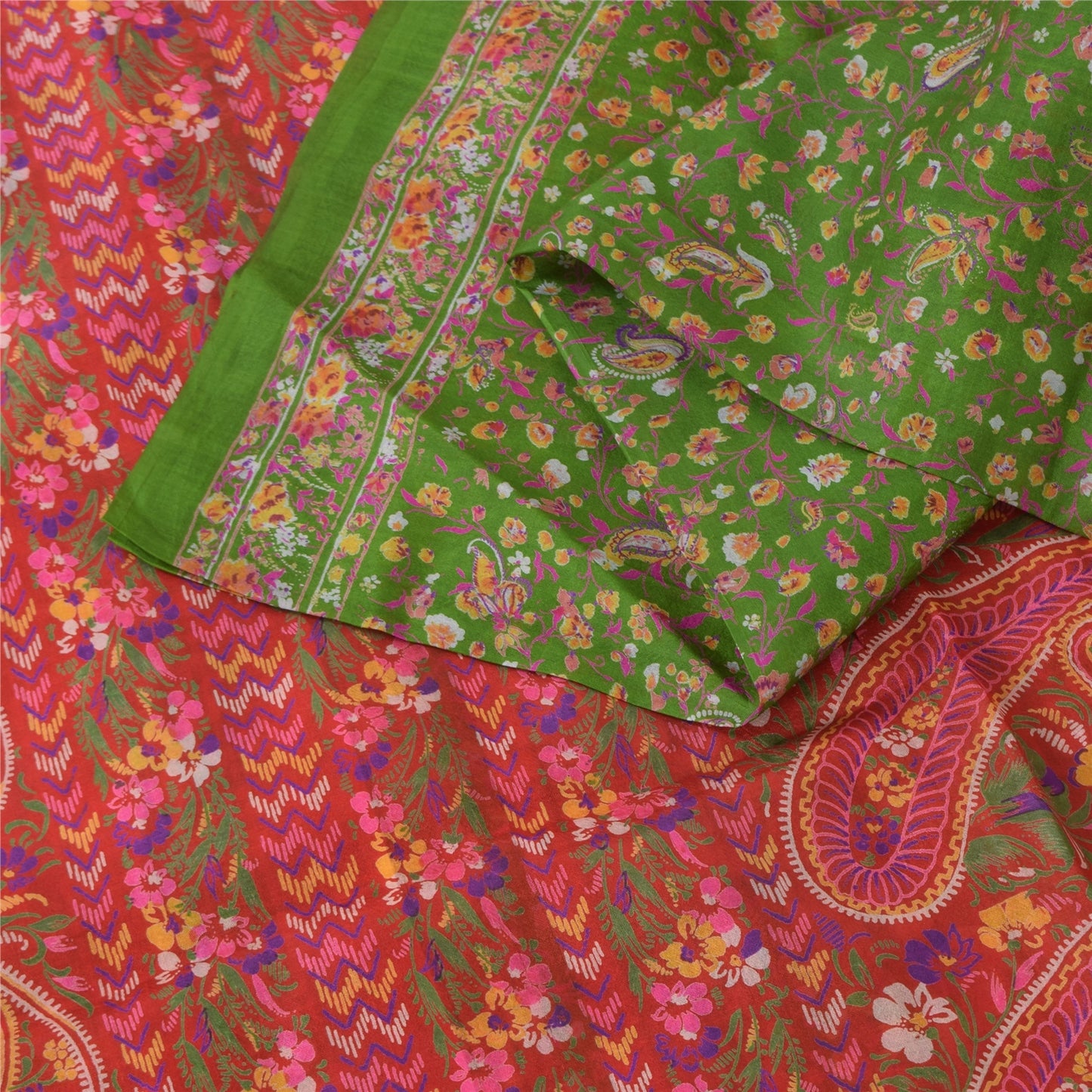 Sanskriti Vintage Sarees Green/Pink Pure Silk Printed Sari 5yd Craft Fabric