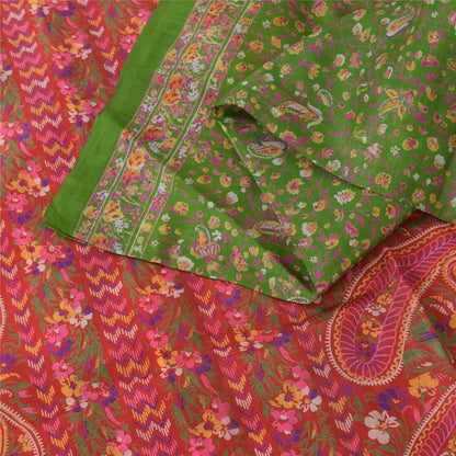 Sanskriti Vintage Sarees Green/Pink Pure Silk Printed Sari 5yd Craft Fabric