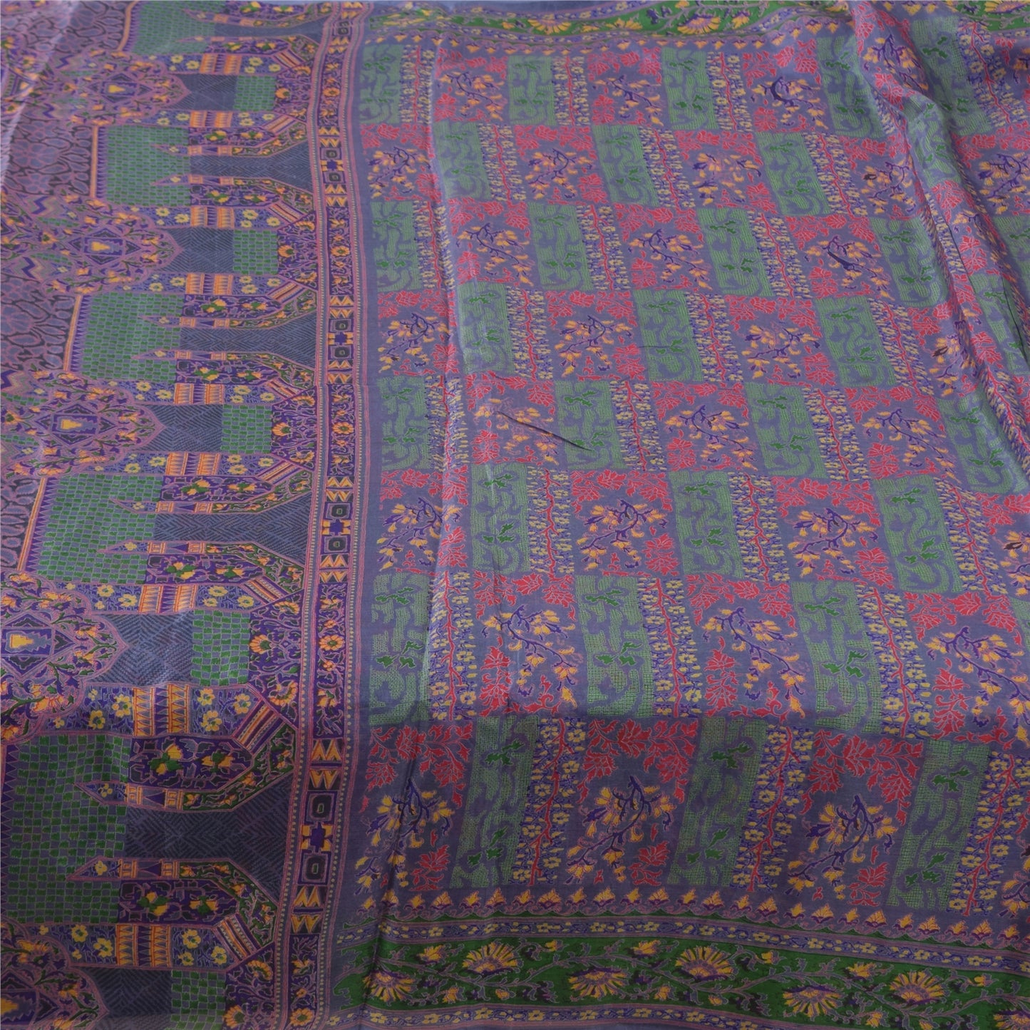 Sanskriti Vintage Sarees Purple Pure Silk Printed Sari 5yd Craft Fabric