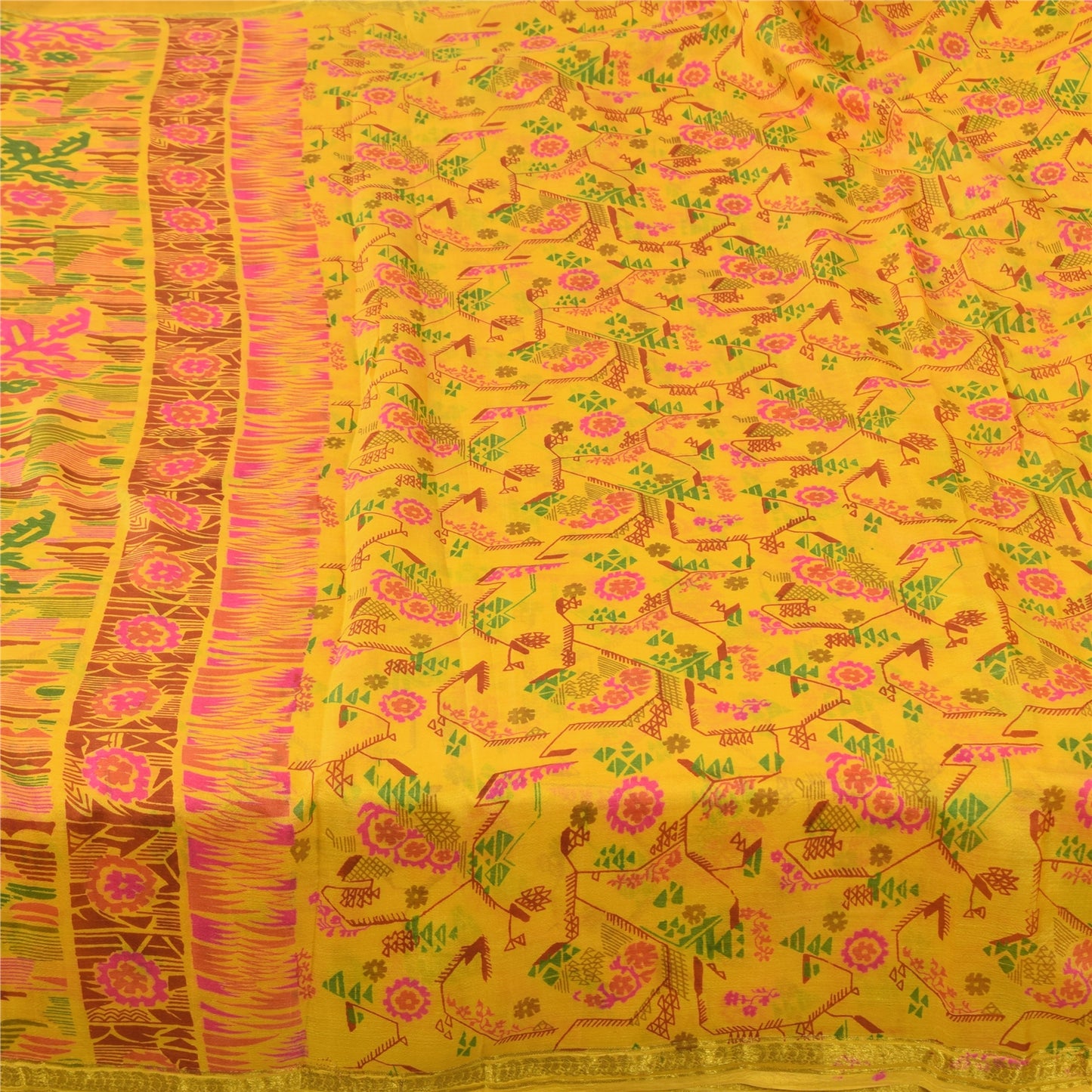 Sanskriti Vintage Sarees Yellow Zari Border Pure Silk Print Sari 6yd CraftFabric