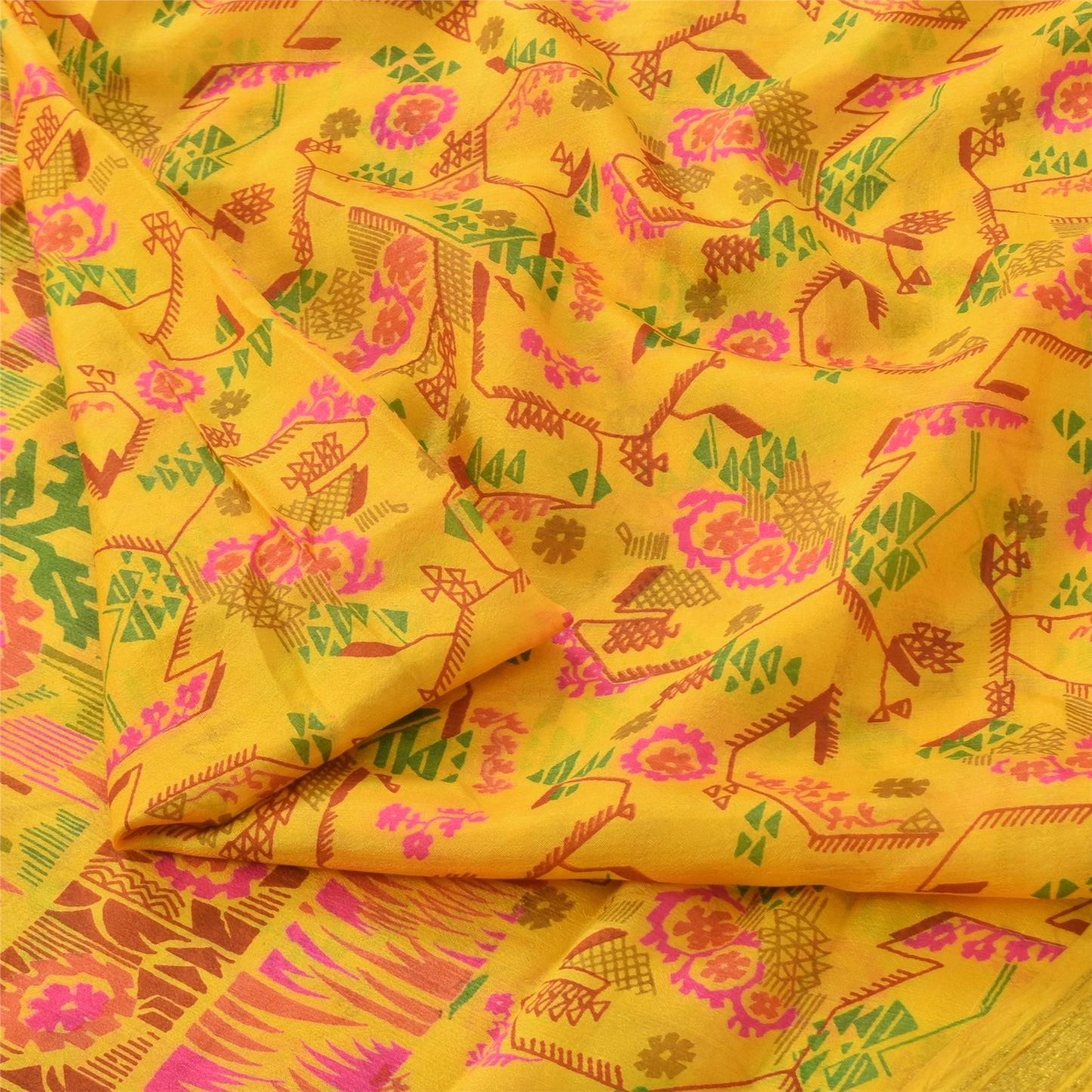 Sanskriti Vintage Sarees Yellow Zari Border Pure Silk Print Sari 6yd CraftFabric