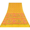 Sanskriti Vintage Sarees Yellow Zari Border Pure Silk Print Sari 6yd CraftFabric