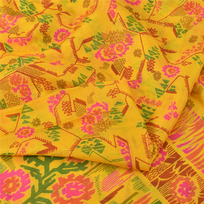 Sanskriti Vintage Sarees Yellow Zari Border Pure Silk Print Sari 6yd CraftFabric