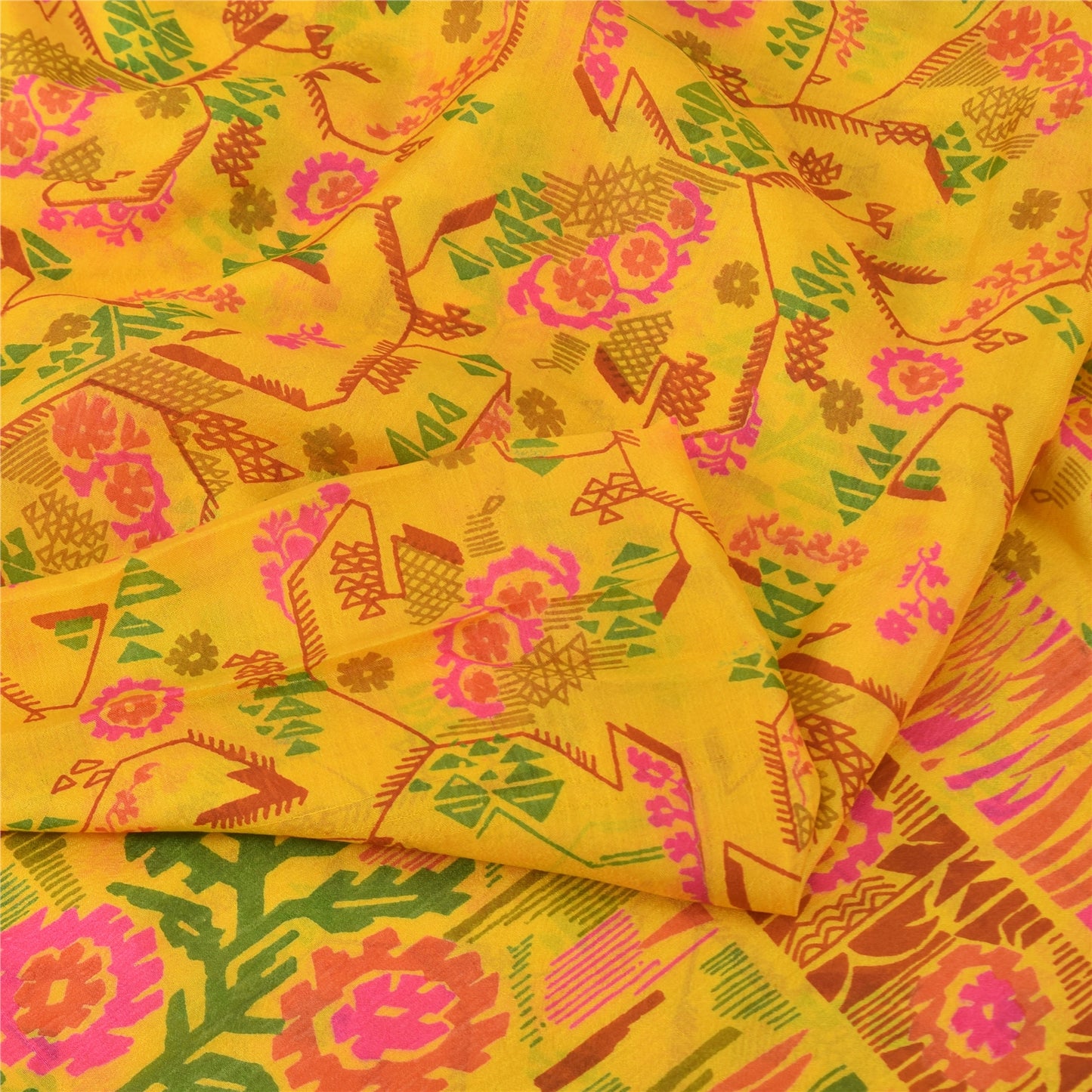 Sanskriti Vintage Sarees Yellow Zari Border Pure Silk Print Sari 6yd CraftFabric