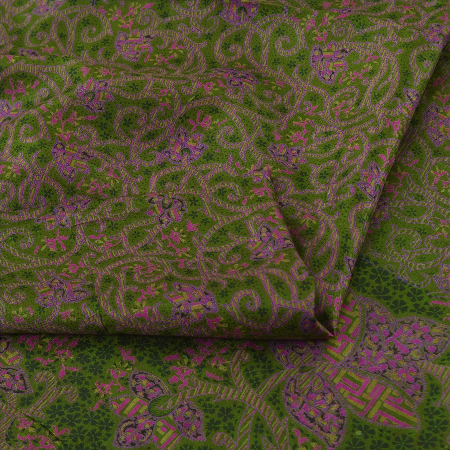 Sanskriti Vintage Sarees Green Zari Border Pure Silk Print Sari 6yd Craft Fabric