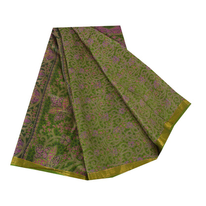 Sanskriti Vintage Sarees Green Zari Border Pure Silk Print Sari 6yd Craft Fabric