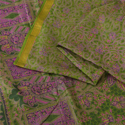 Sanskriti Vintage Sarees Green Zari Border Pure Silk Print Sari 6yd Craft Fabric