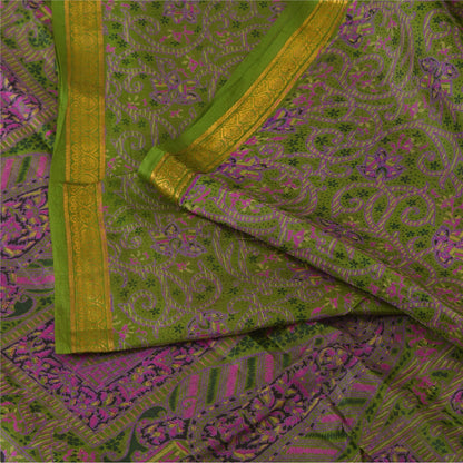 Sanskriti Vintage Sarees Green Zari Border Pure Silk Print Sari 6yd Craft Fabric