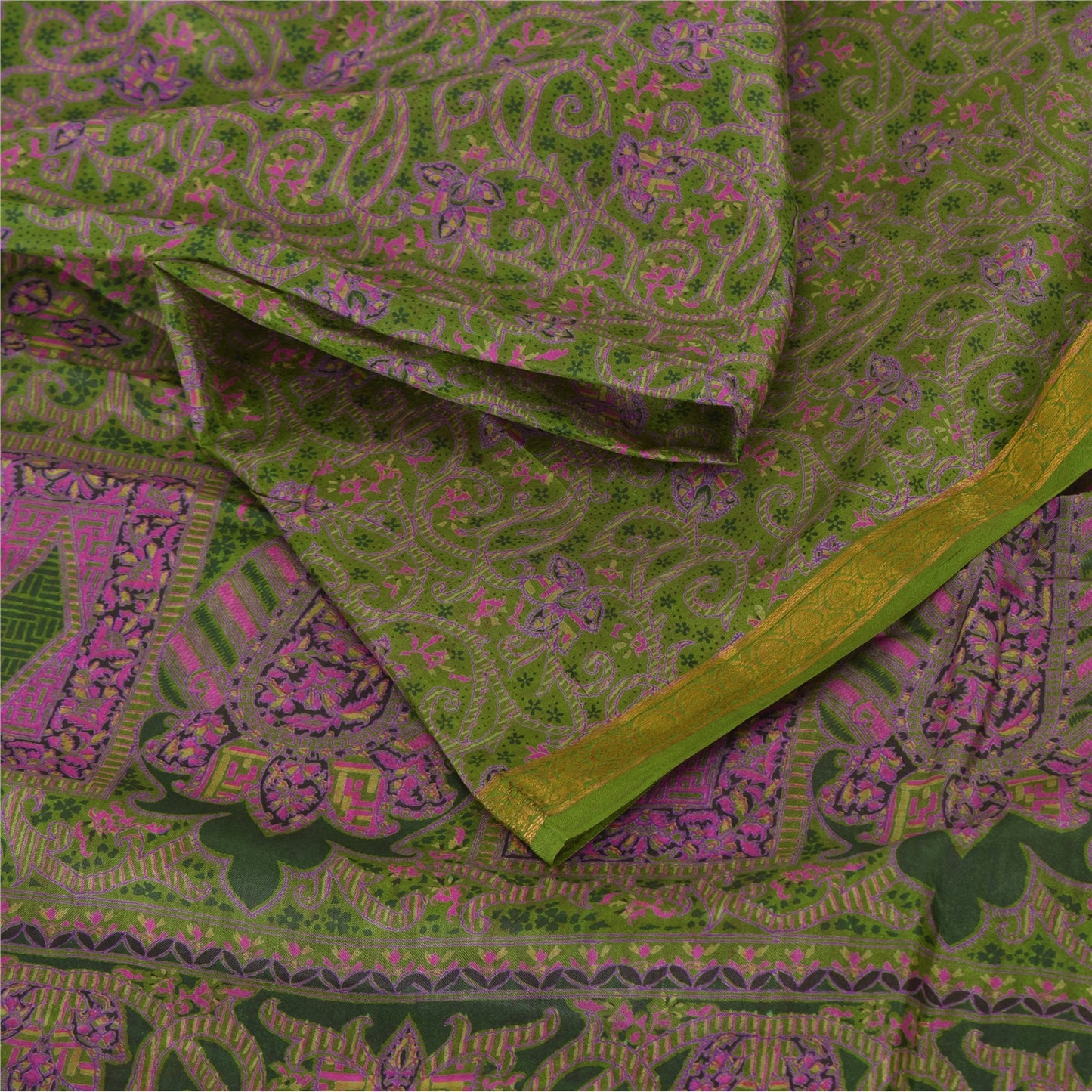 Sanskriti Vintage Sarees Green Zari Border Pure Silk Print Sari 6yd Craft Fabric