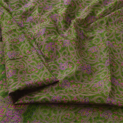 Sanskriti Vintage Sarees Green Zari Border Pure Silk Print Sari 6yd Craft Fabric