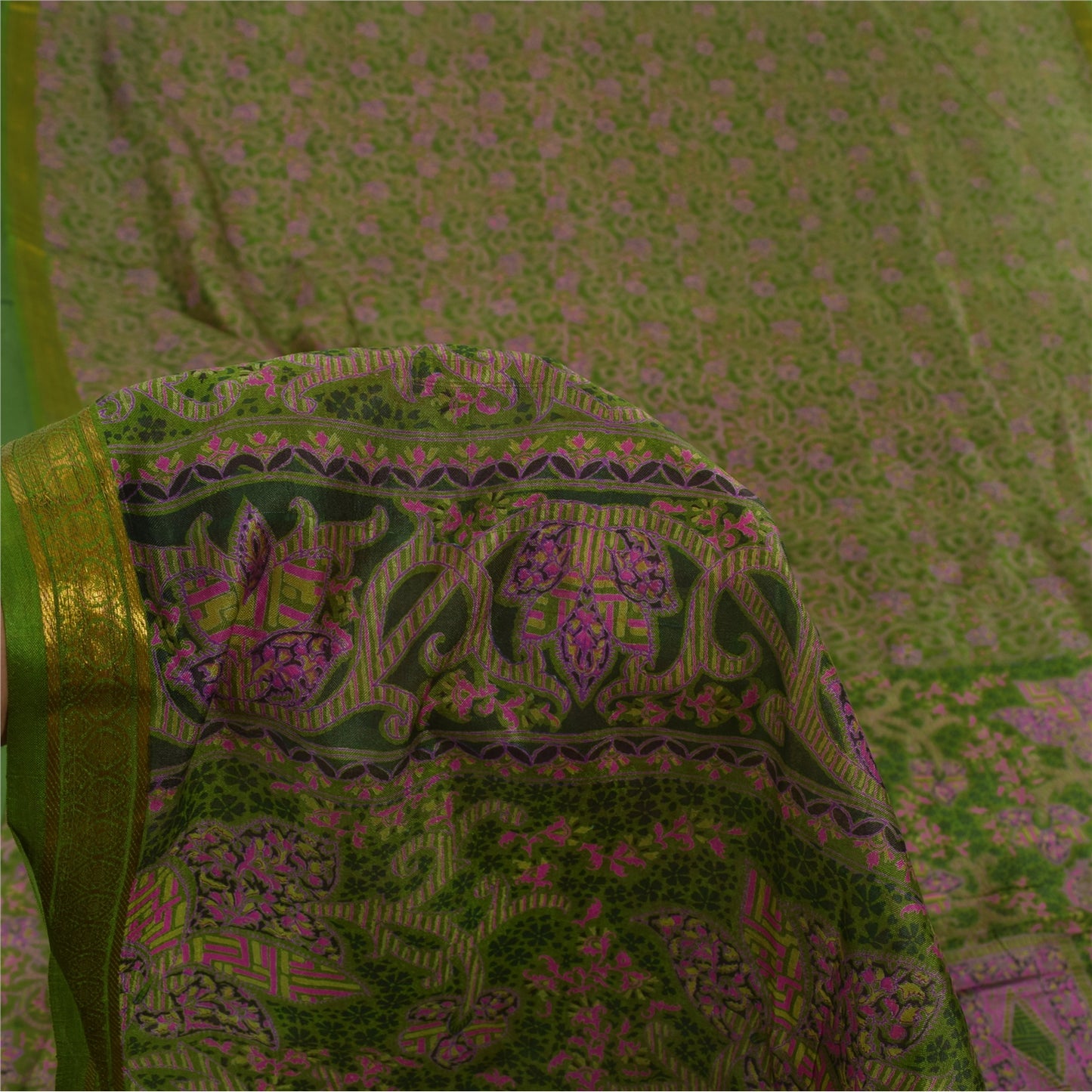 Sanskriti Vintage Sarees Green Zari Border Pure Silk Print Sari 6yd Craft Fabric