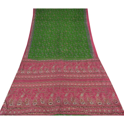 Sanskriti Vintage Sarees Green/Pink 100% Pure Silk Printed Sari 5yd Craft Fabric