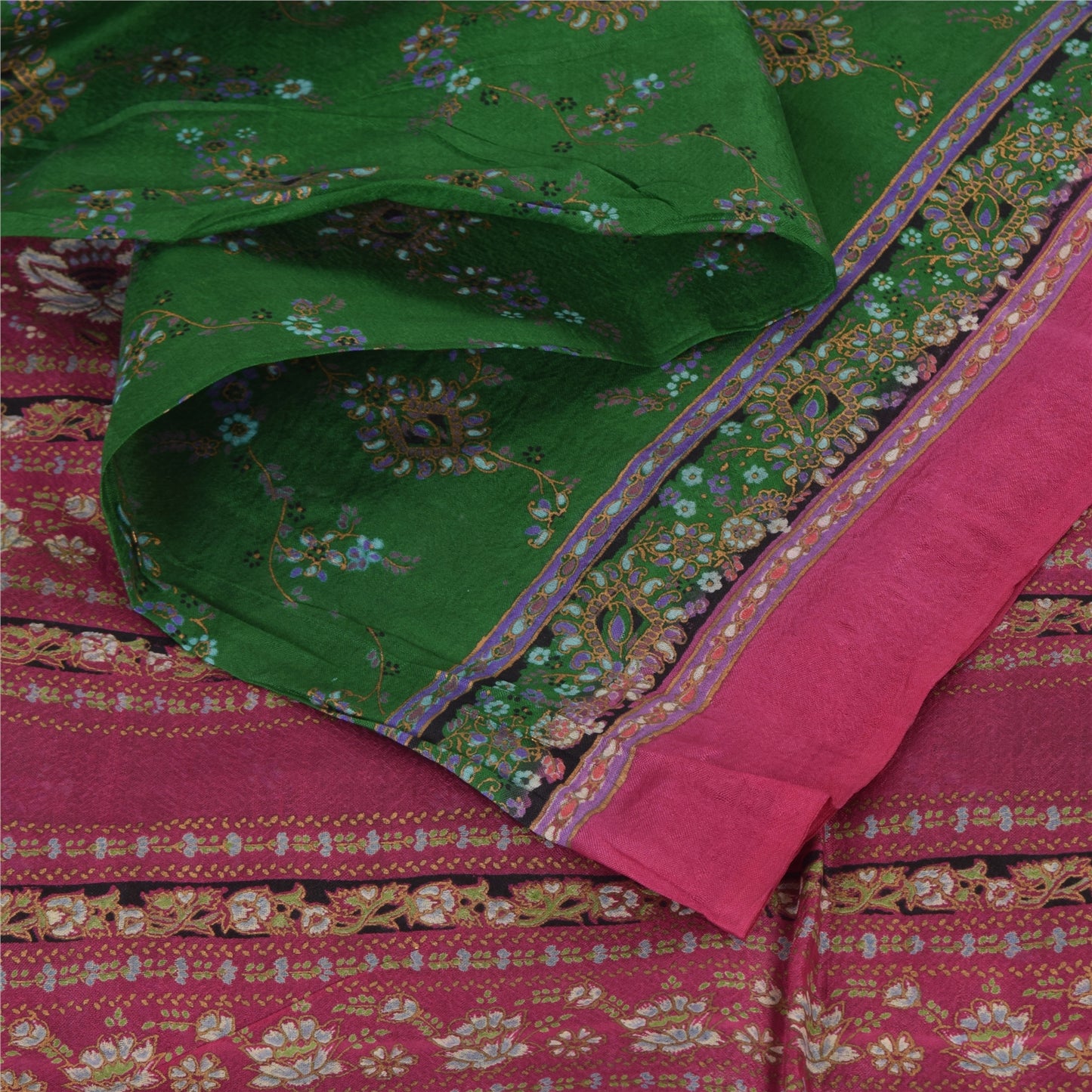 Sanskriti Vintage Sarees Green/Pink 100% Pure Silk Printed Sari 5yd Craft Fabric