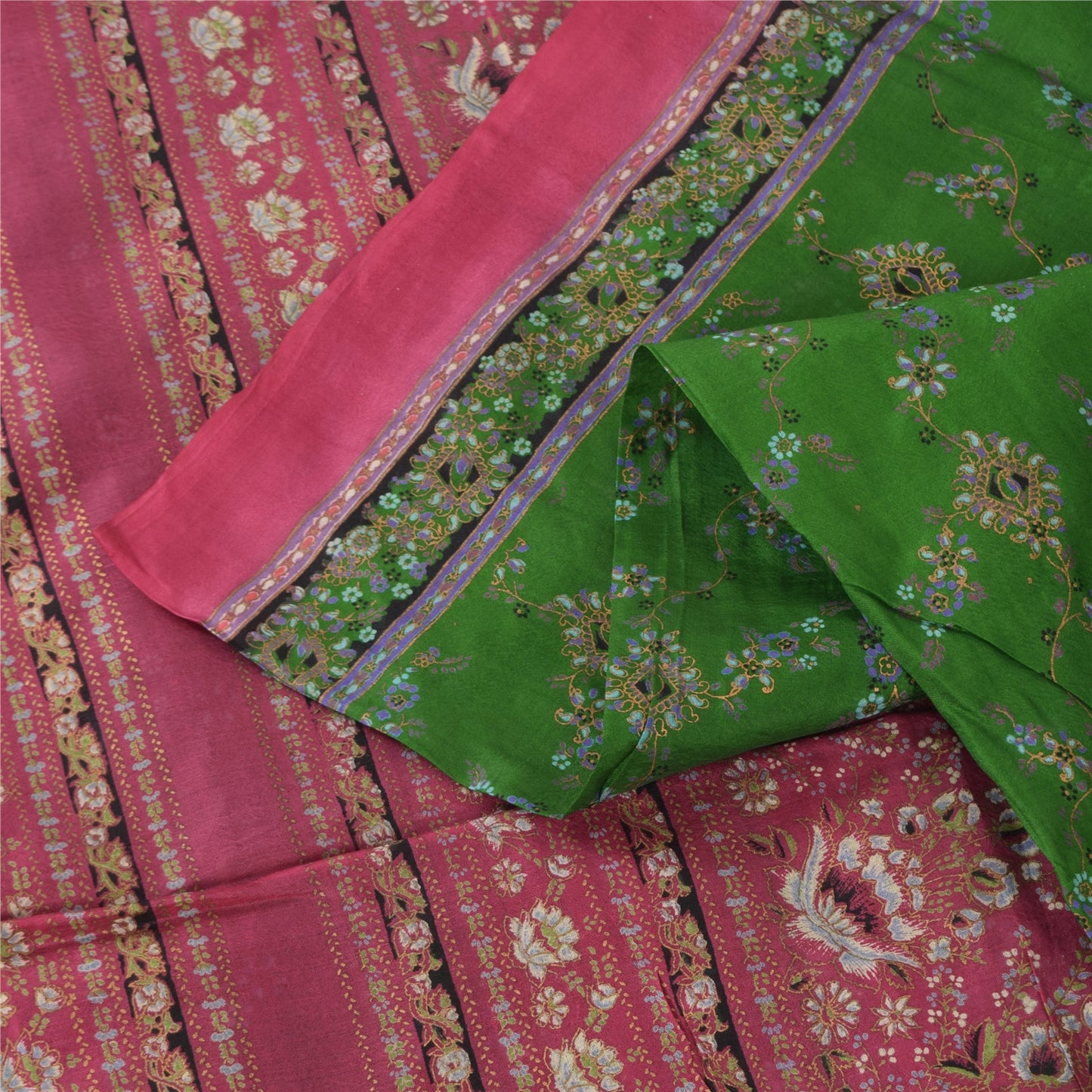 Sanskriti Vintage Sarees Green/Pink 100% Pure Silk Printed Sari 5yd Craft Fabric