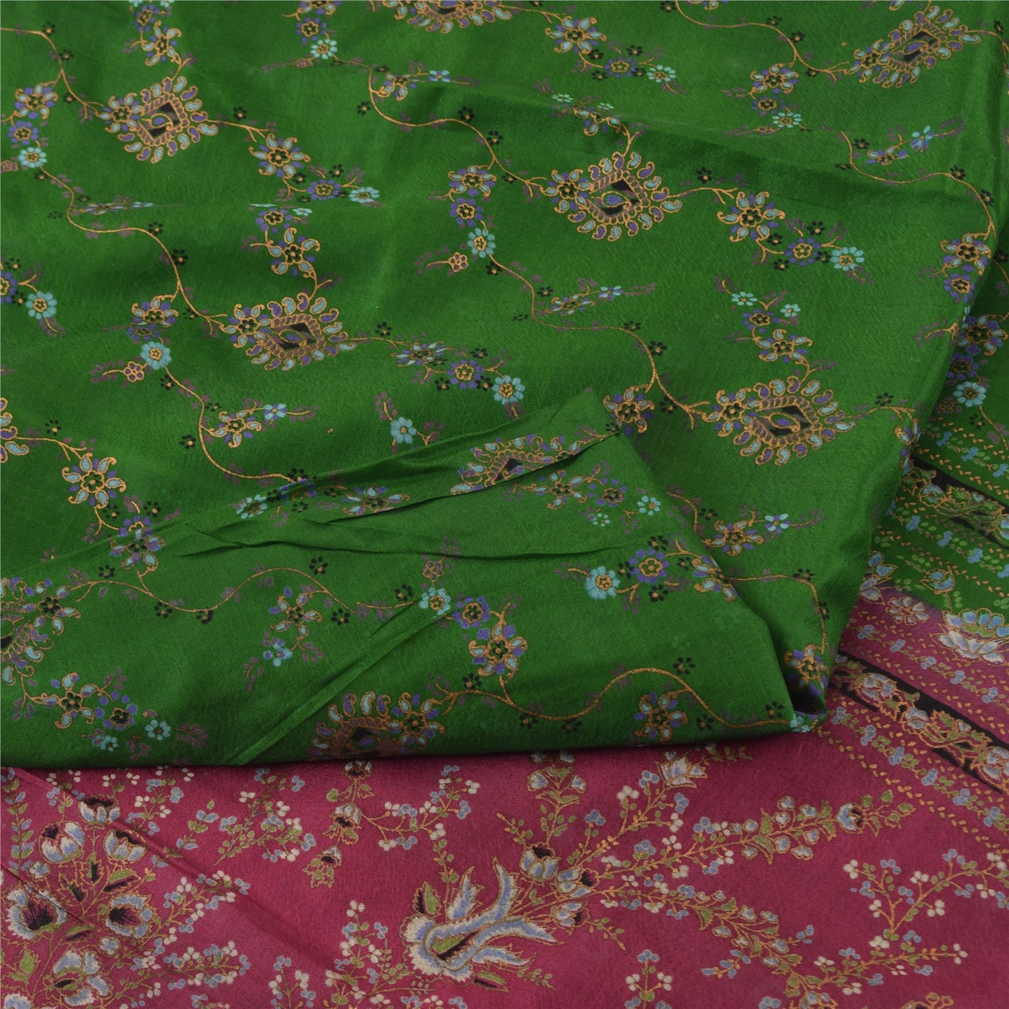 Sanskriti Vintage Sarees Green/Pink 100% Pure Silk Printed Sari 5yd Craft Fabric