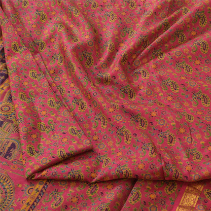 Sanskriti Vintage Sarees Pink Zari Border Human Printed Pure Silk Sari Fabric