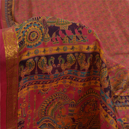 Sanskriti Vintage Sarees Pink Zari Border Human Printed Pure Silk Sari Fabric