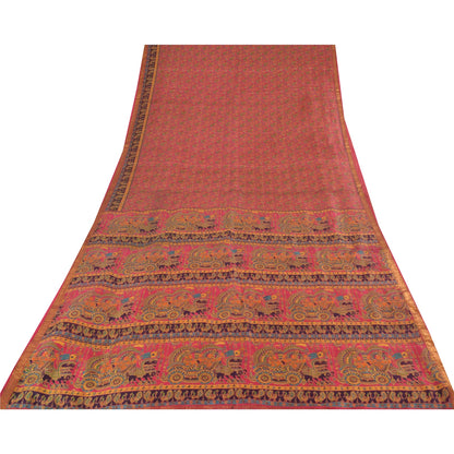 Sanskriti Vintage Sarees Pink Zari Border Human Printed Pure Silk Sari Fabric