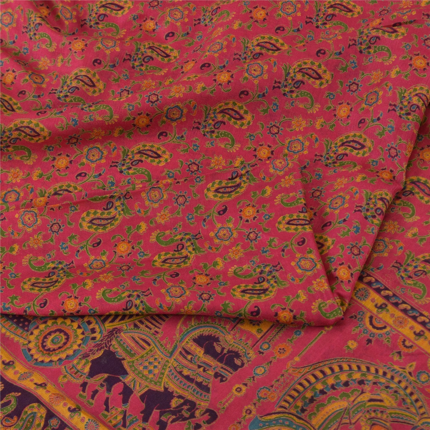 Sanskriti Vintage Sarees Pink Zari Border Human Printed Pure Silk Sari Fabric