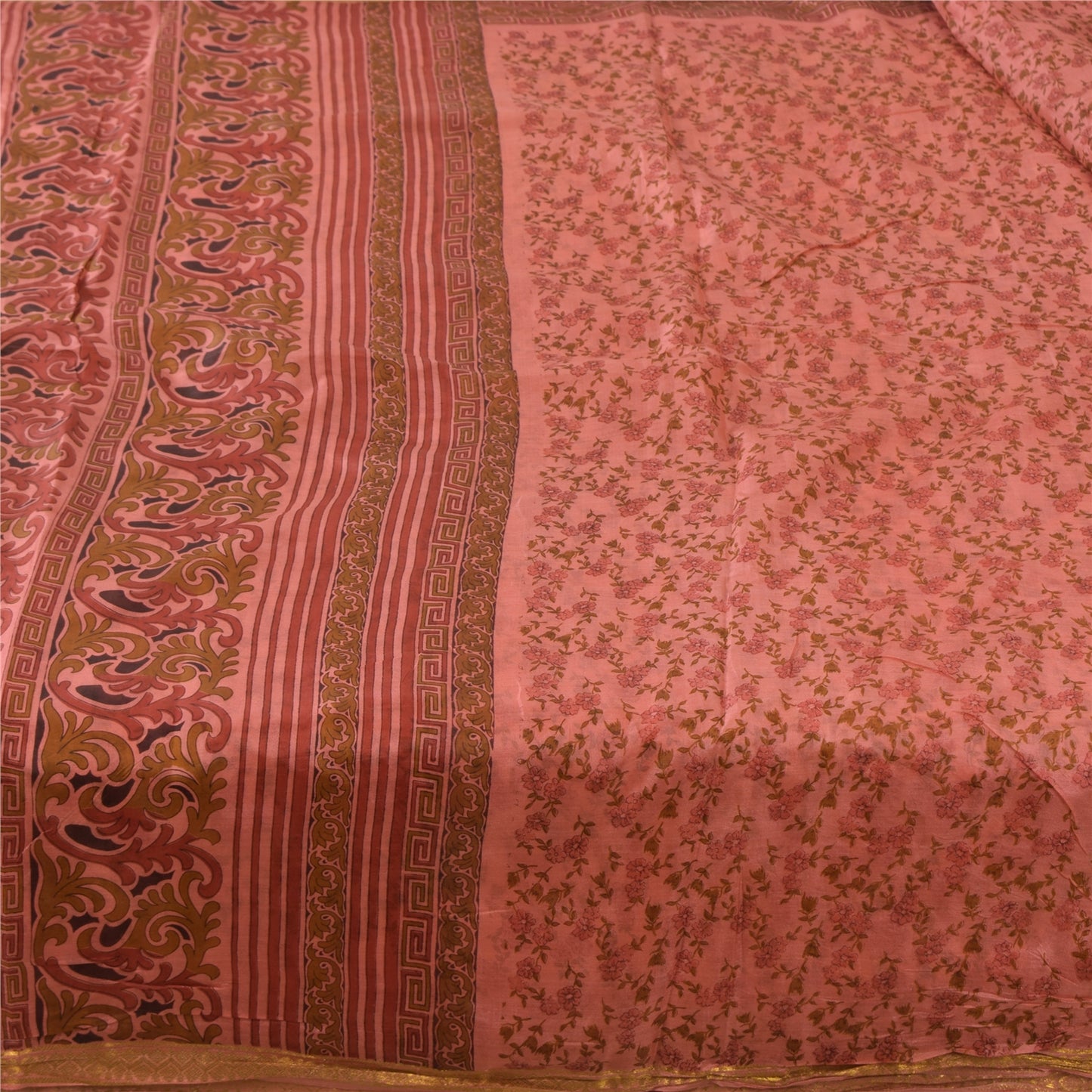 Sanskriti Vintage Sarees Pink Zari Border Pure Silk Print Sari 5yd Craft