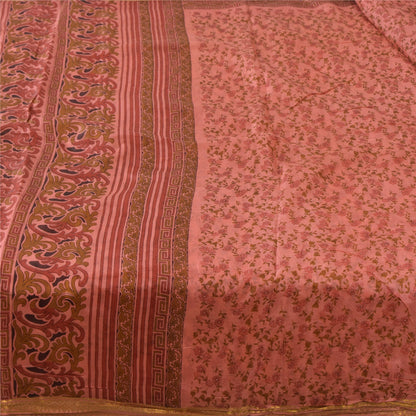 Sanskriti Vintage Sarees Pink Zari Border Pure Silk Print Sari 5yd Craft