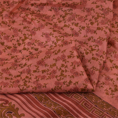 Sanskriti Vintage Sarees Pink Zari Border Pure Silk Print Sari 5yd Craft