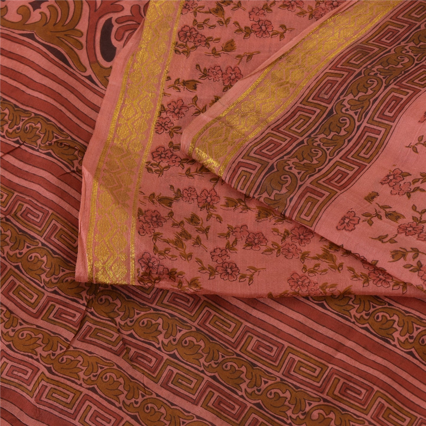 Sanskriti Vintage Sarees Pink Zari Border Pure Silk Print Sari 5yd Craft