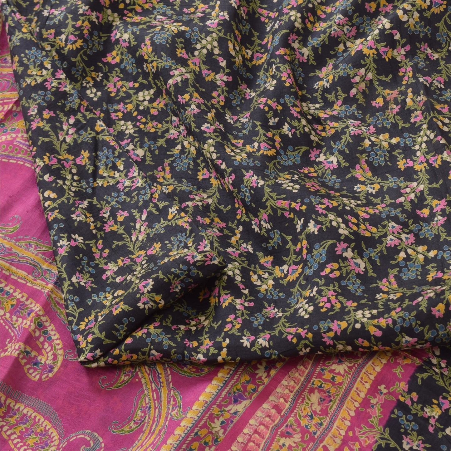 Sanskriti Vintage Sarees Black/Pink Pure Silk Printed Sari 5yd Soft Craft Fabric