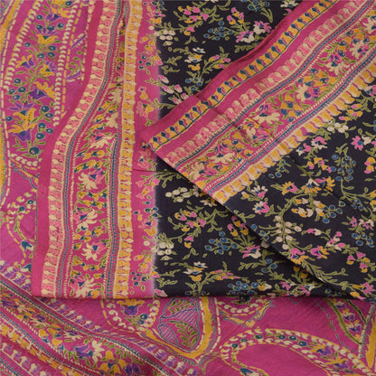 Sanskriti Vintage Sarees Black/Pink Pure Silk Printed Sari 5yd Soft Craft Fabric