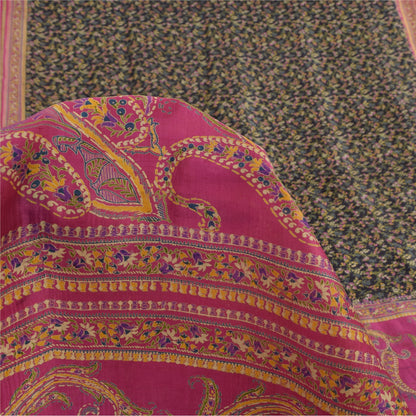 Sanskriti Vintage Sarees Black/Pink Pure Silk Printed Sari 5yd Soft Craft Fabric