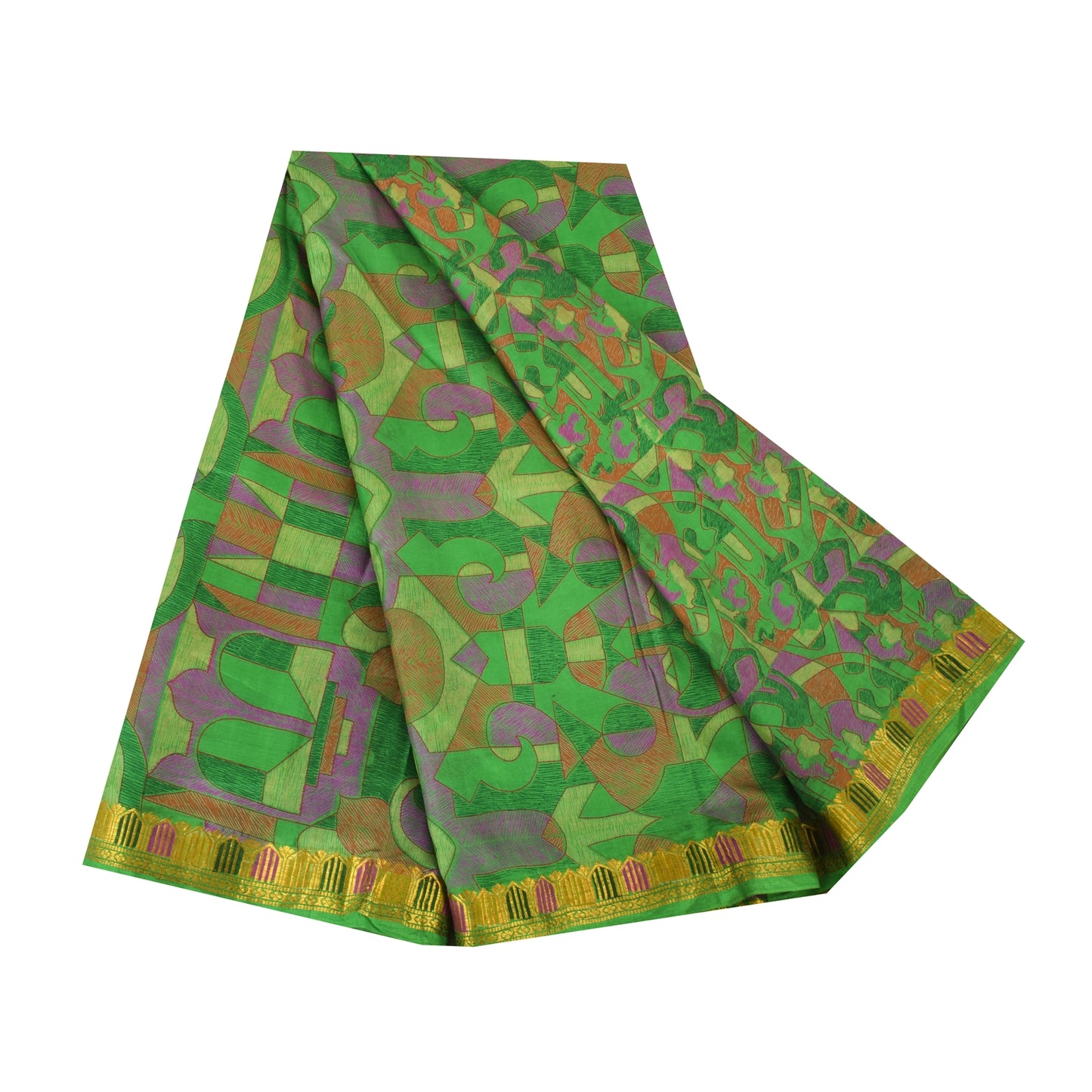 Sanskriti Vintage Sarees Green Zari Border Pure Silk Print Sari 6yd Craft Fabric