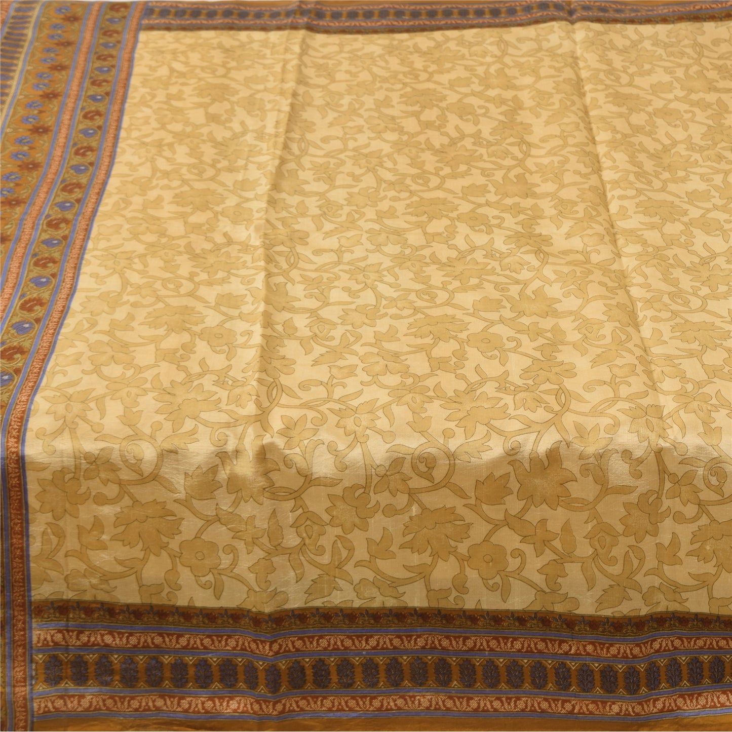 Sanskriti Vintage Sarees Beige Indian Pure Silk Printed Sari 5yd Craft Fabric