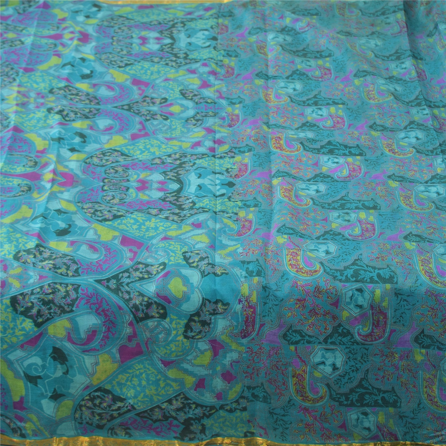 Sanskriti Vintage Sarees Blue Zari Border Pure Silk Print Sari 5yd Craft Fabric