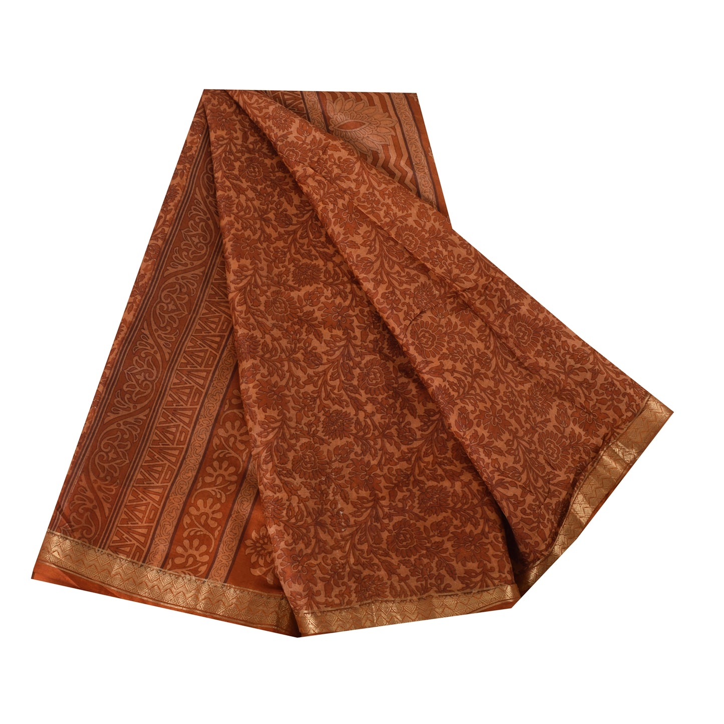 Sanskriti Vintage Sarees Rusty Orange Pure Silk Printed Sari 5yd Craft Fabric