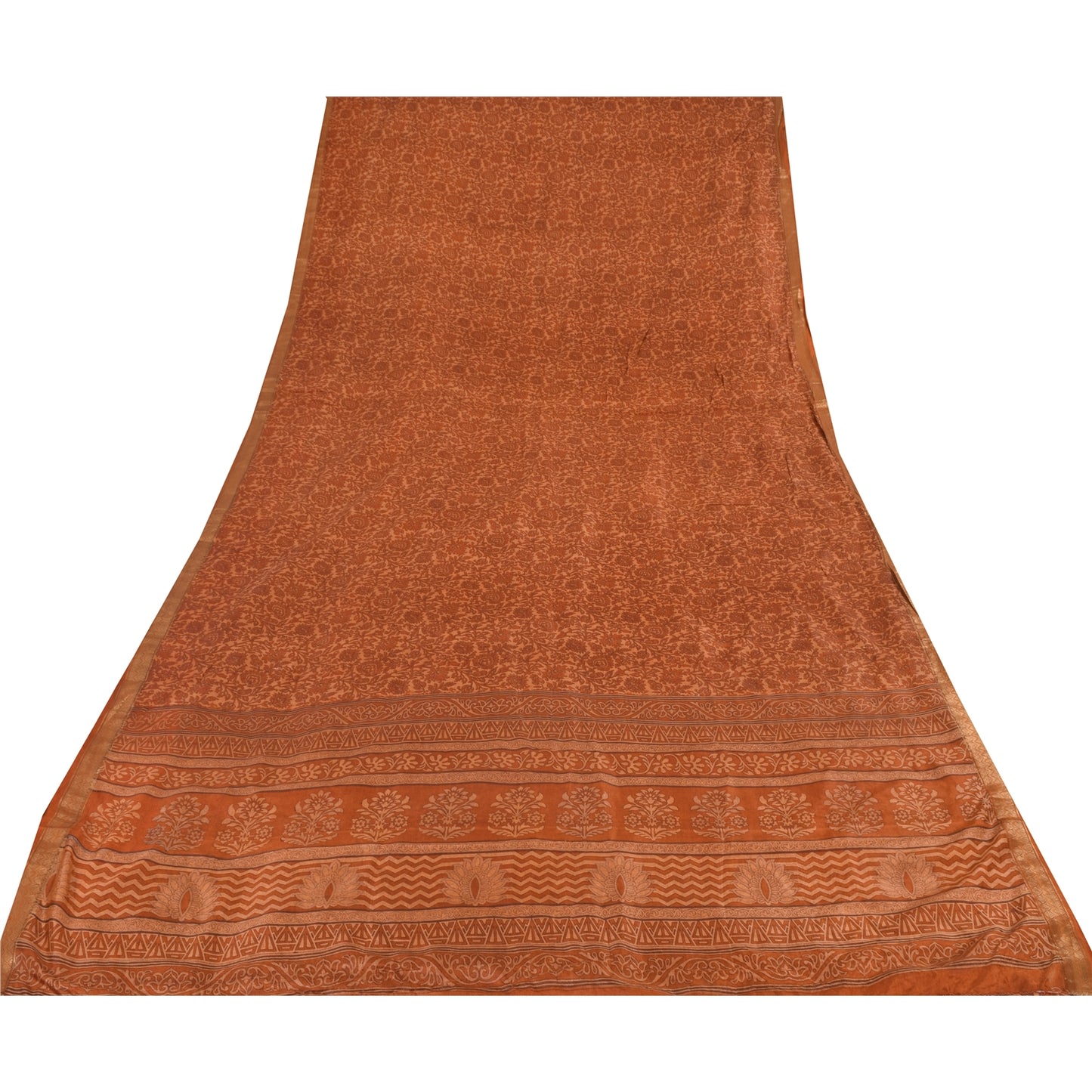 Sanskriti Vintage Sarees Rusty Orange Pure Silk Printed Sari 5yd Craft Fabric