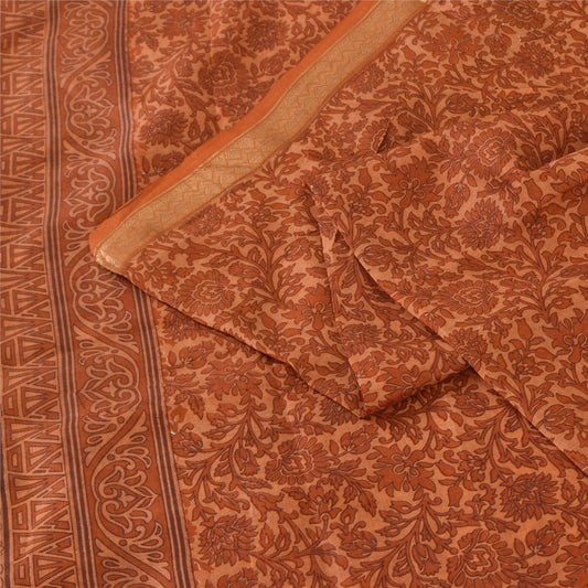 Sanskriti Vintage Sarees Rusty Orange Pure Silk Printed Sari 5yd Craft Fabric