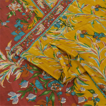 Sanskriti Vintage Sarees Yellow Indian Pure Silk Printed Sari 5yd Craft Fabric