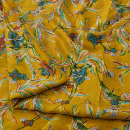 Sanskriti Vintage Sarees Yellow Indian Pure Silk Printed Sari 5yd Craft Fabric