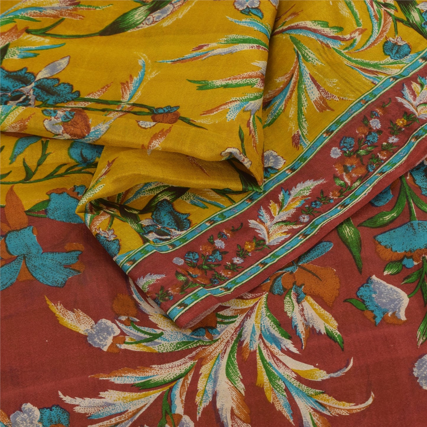 Sanskriti Vintage Sarees Yellow Indian Pure Silk Printed Sari 5yd Craft Fabric