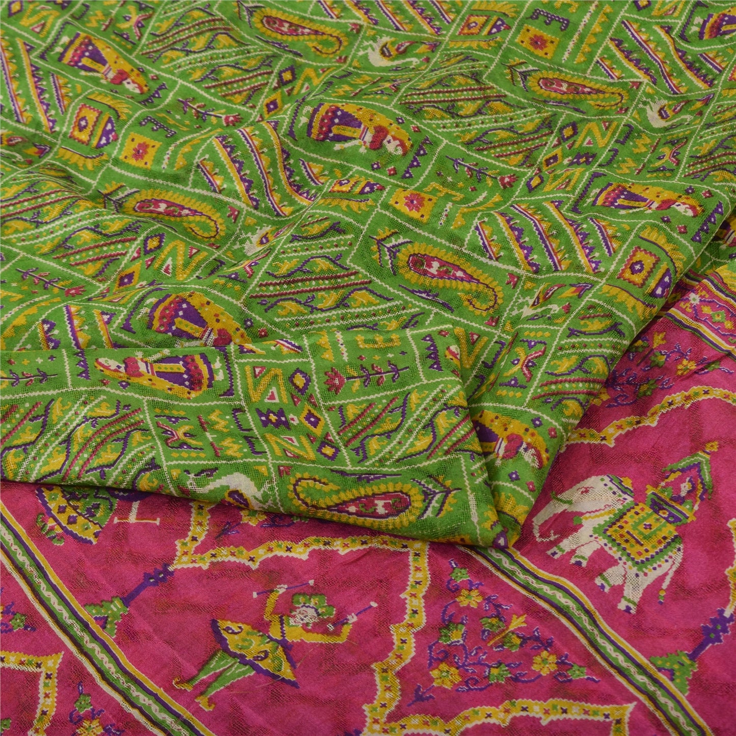 Sanskriti Vintage Sarees Green Human Animal Printed Pure Silk Sari 5yd Fabric